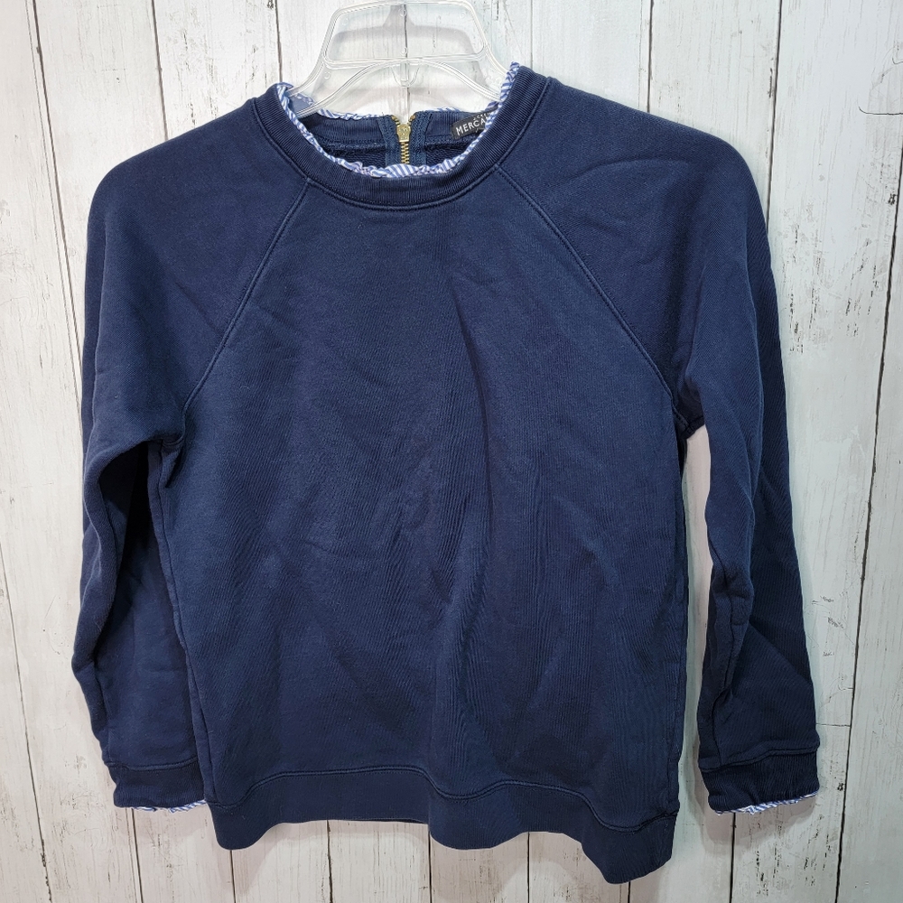 J Crew Size Medium Floral Ruffle Neck & Cuffs Sweatshirt Blue Cotton Zip Back.